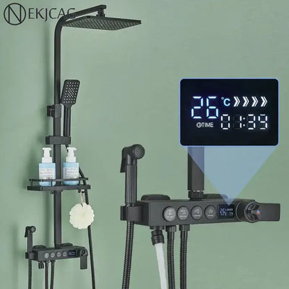 Modern matte black digital shower faucet set bathroom rainfall system