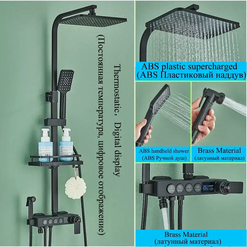 Modern matte black digital shower faucet set bathroom rainfall system