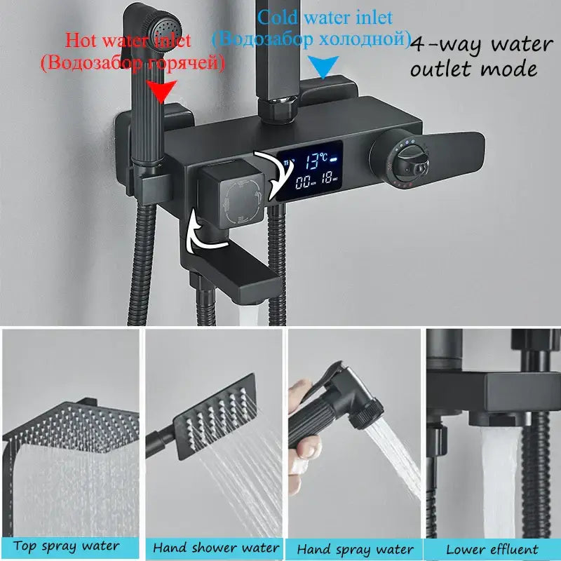 Modern matte black digital shower faucet set with bidet for bathroom