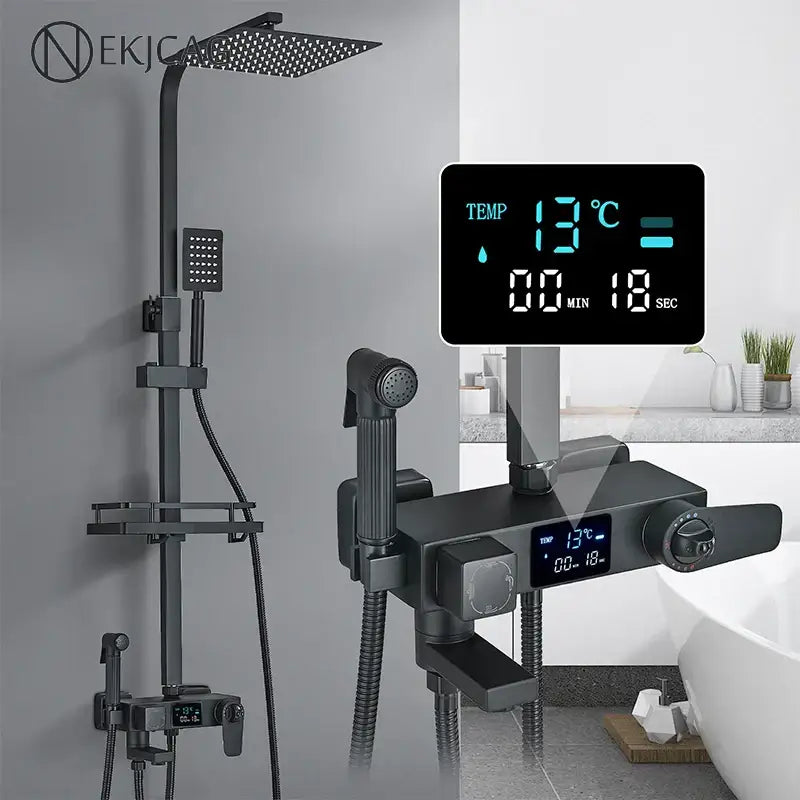 Modern matte black digital shower faucet set with bidet for bathroom