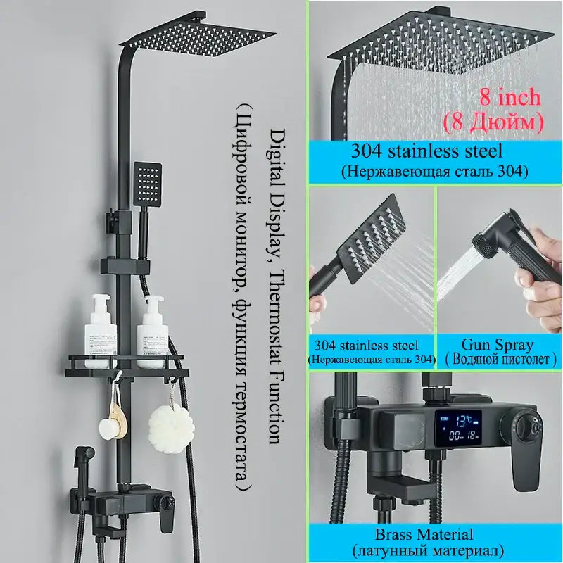 Modern matte black digital shower faucet set with bidet for bathroom
