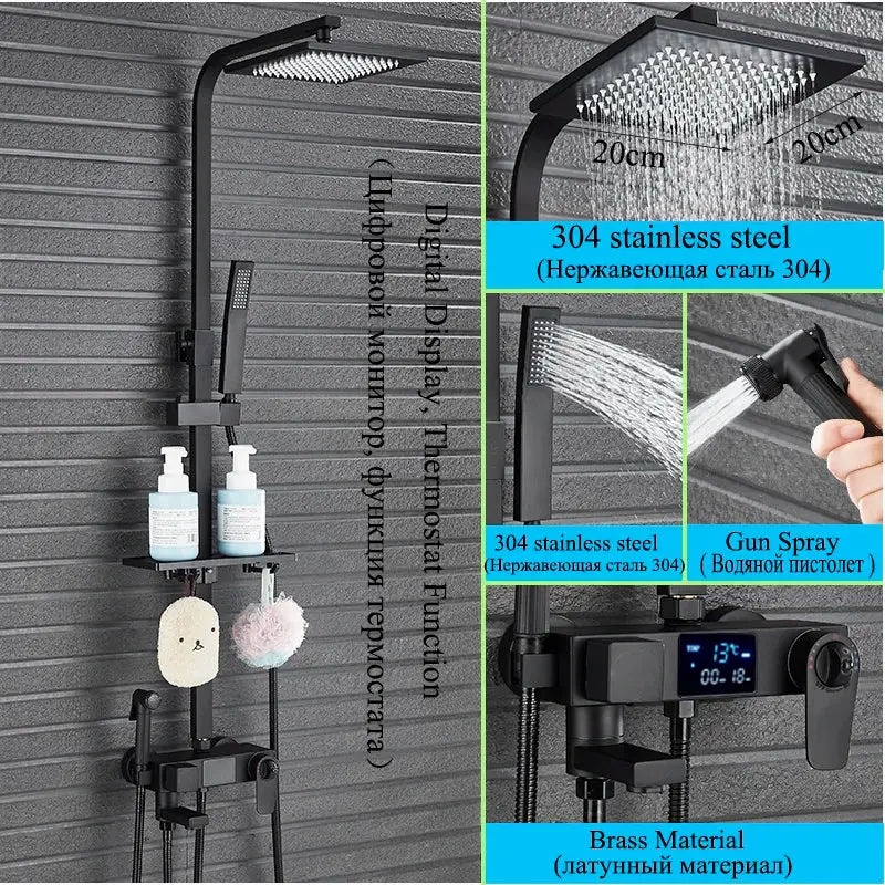 Modern matte black digital shower faucet set with bidet for bathroom