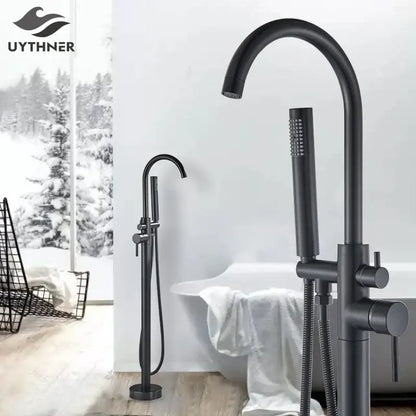 Modern matte black dual handle bathtub faucet set bathroom floor tap