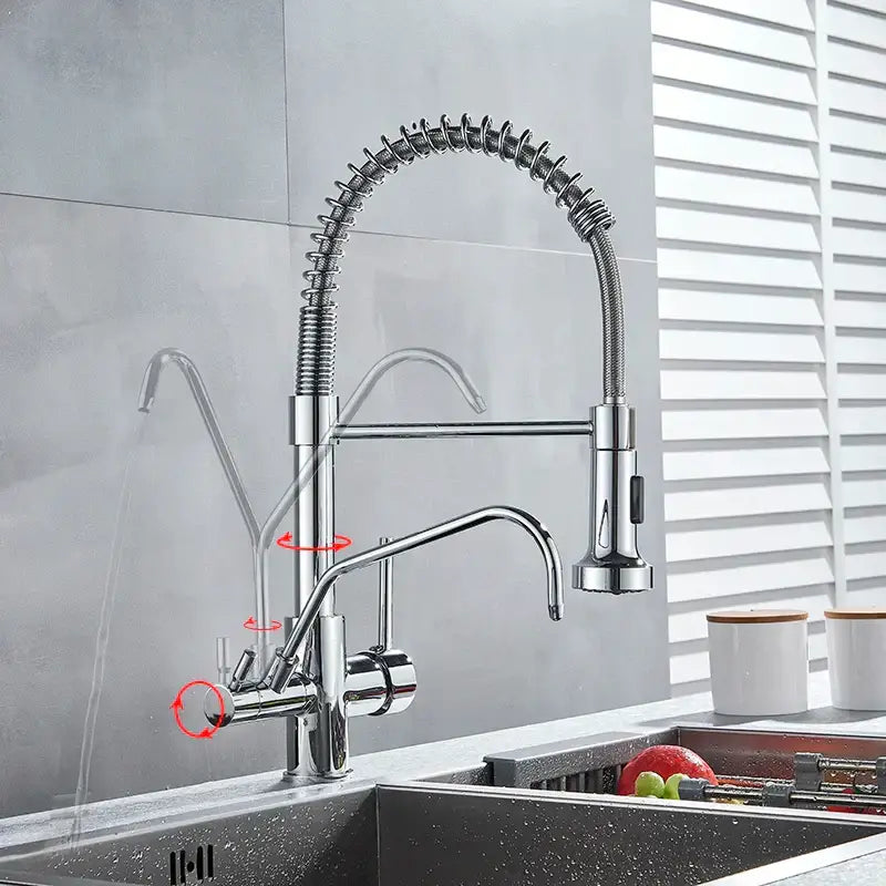 Modern matte black dual handle kitchen faucet with purification spout