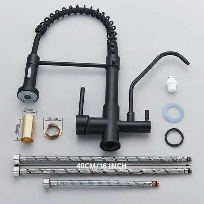 Modern matte black dual handle kitchen faucet with purification spout
