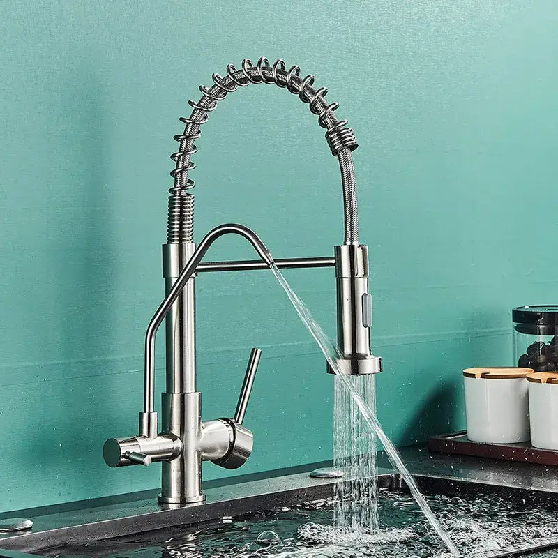 Modern matte black dual handle kitchen faucet with purification spout