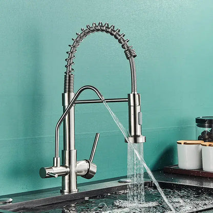 Modern matte black dual handle kitchen faucet with purification spout