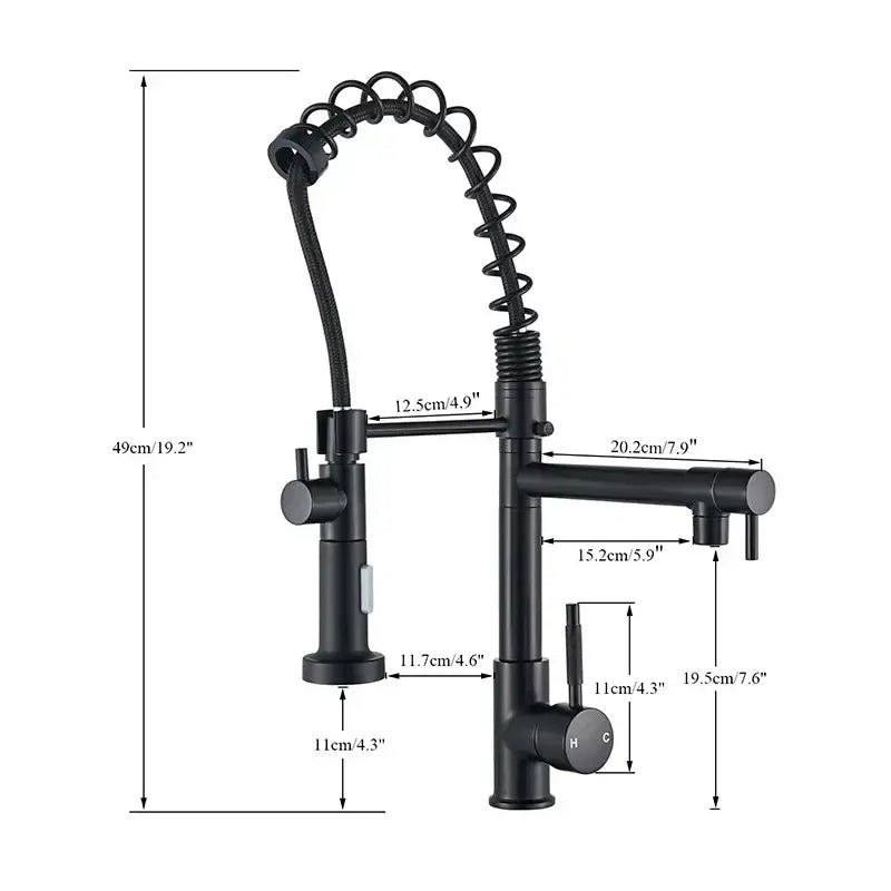 Modern matte black dual spout kitchen sink faucet with spring hose