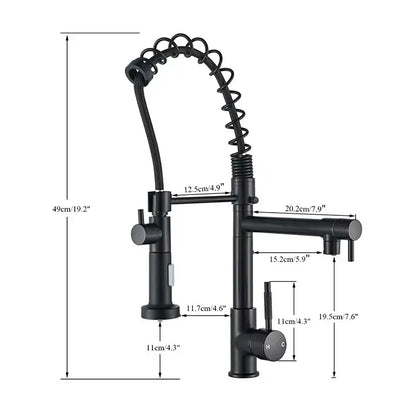 Modern matte black dual spout kitchen sink faucet with spring hose