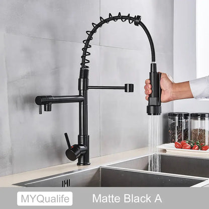 Modern matte black dual spout kitchen sink faucet with spring hose