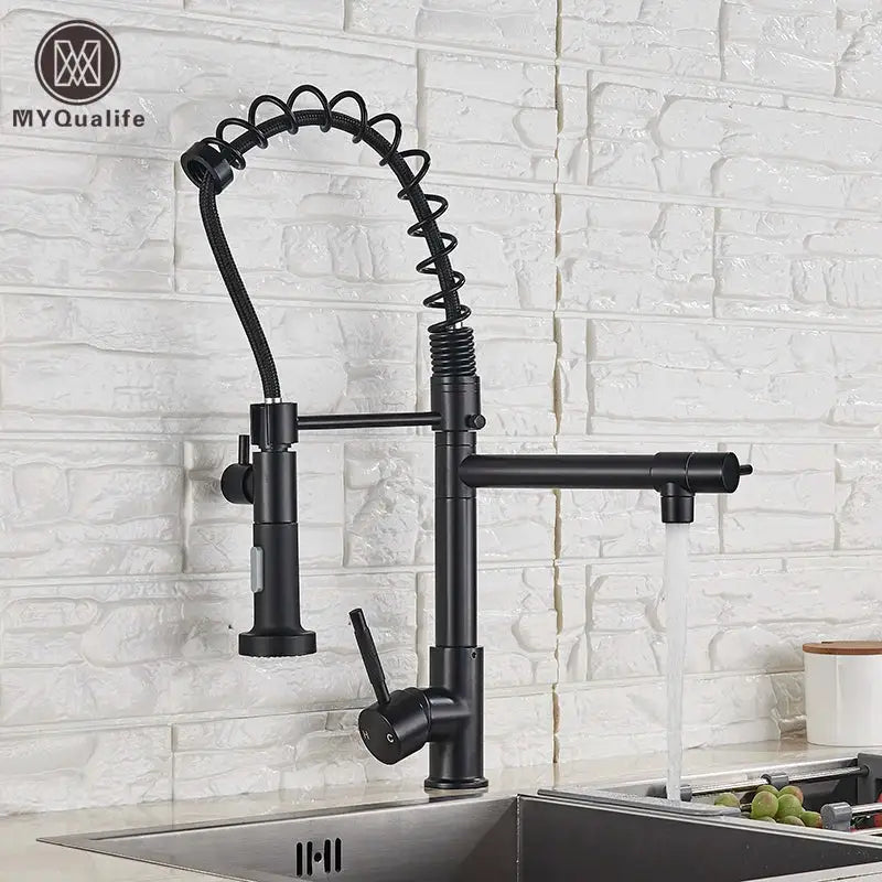 Modern matte black dual spout kitchen sink faucet with spring hose