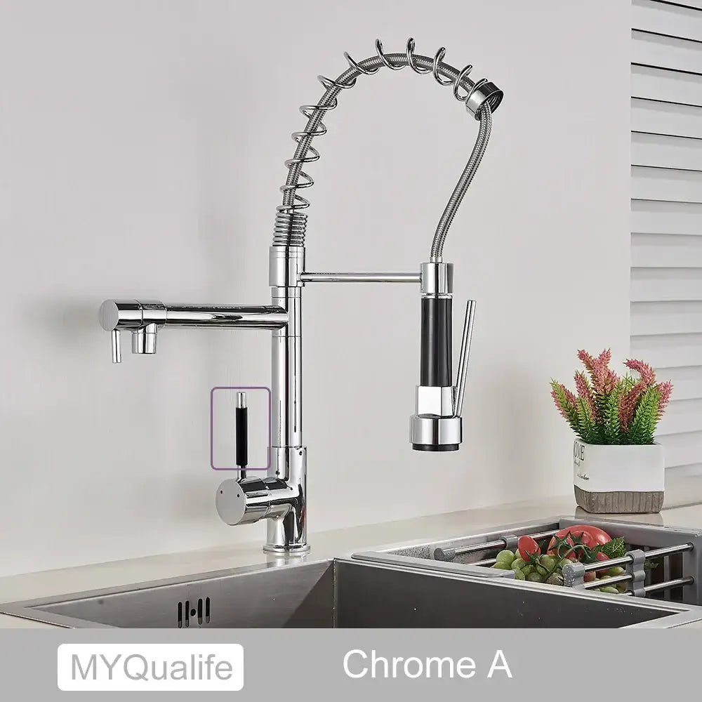 Modern matte black dual spout kitchen sink faucet with spring hose