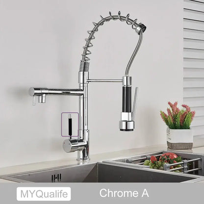 Modern matte black dual spout kitchen sink faucet with spring hose