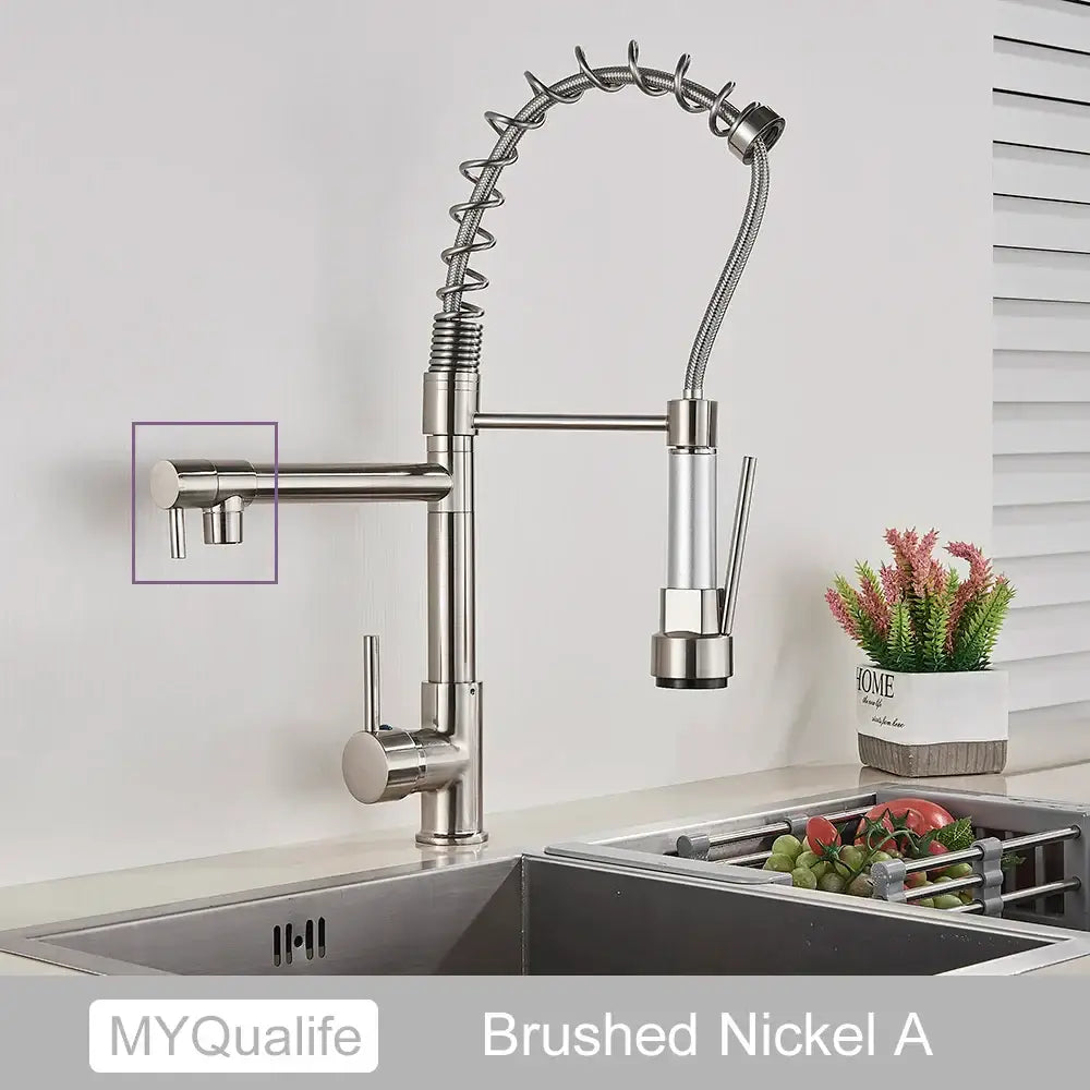 Modern matte black dual spout kitchen sink faucet with spring hose
