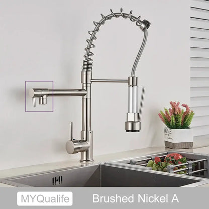 Modern matte black dual spout kitchen sink faucet with spring hose