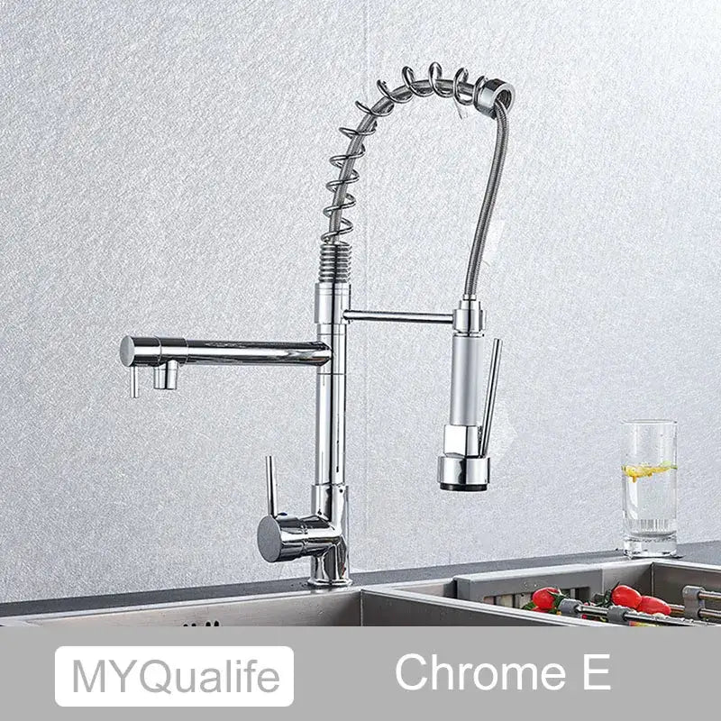 Modern matte black dual spout kitchen sink faucet with spring hose