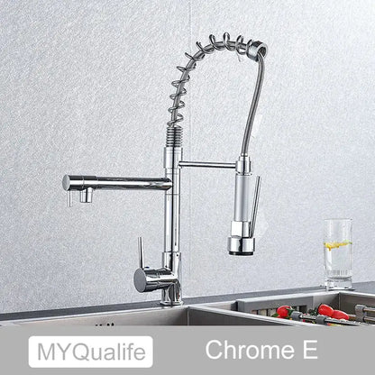 Modern matte black dual spout kitchen sink faucet with spring hose