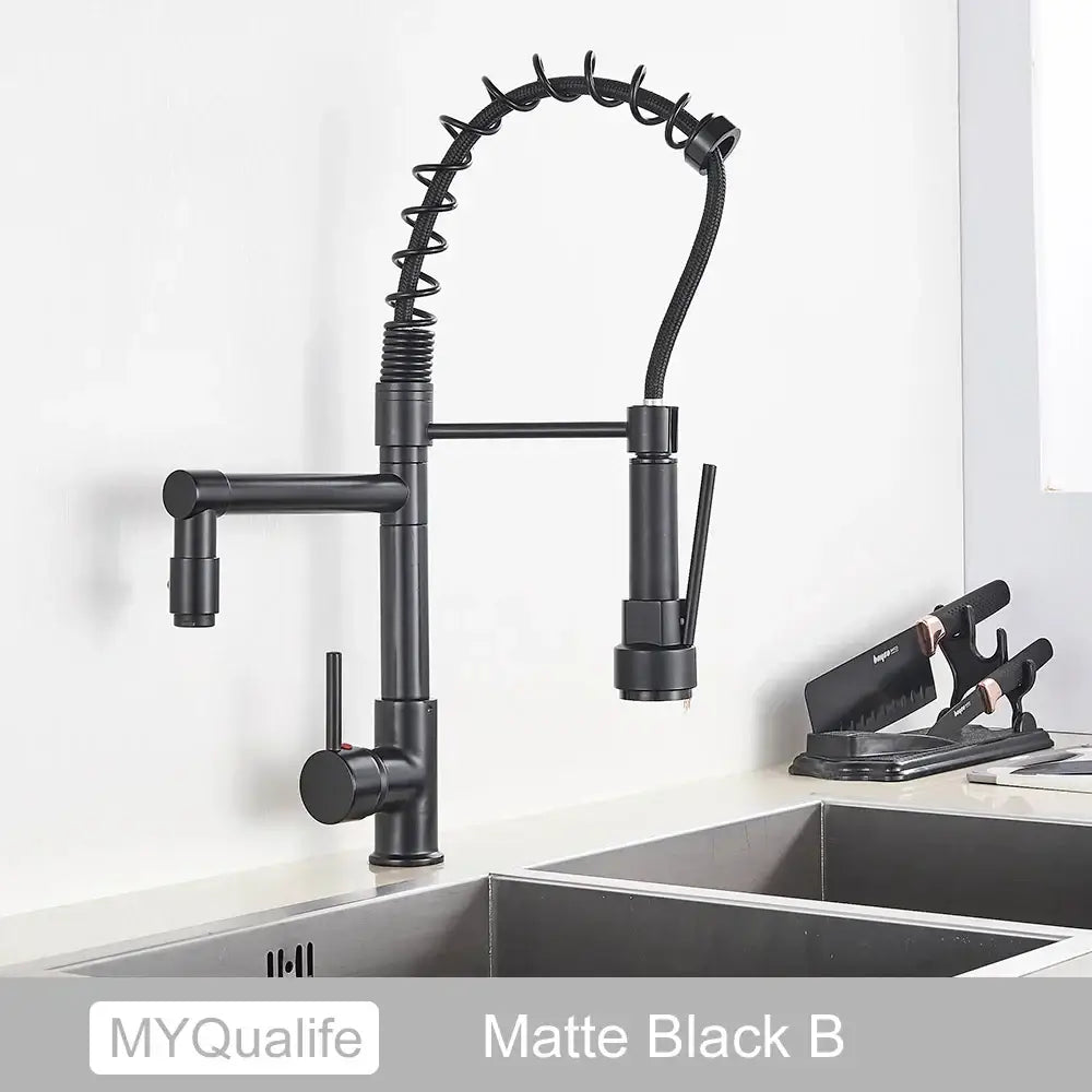 Modern matte black dual spout kitchen sink faucet with spring hose