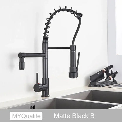 Modern matte black dual spout kitchen sink faucet with spring hose