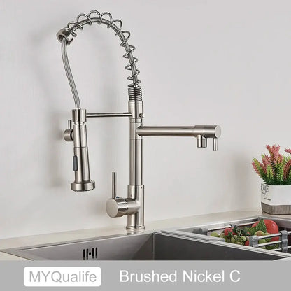 Modern matte black dual spout kitchen sink faucet with spring hose