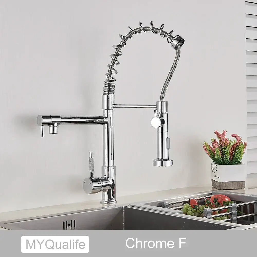 Modern matte black dual spout kitchen sink faucet with spring hose