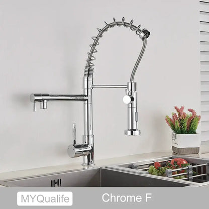 Modern matte black dual spout kitchen sink faucet with spring hose