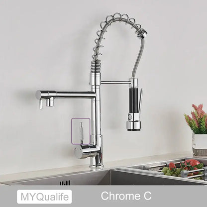Modern matte black dual spout kitchen sink faucet with spring hose