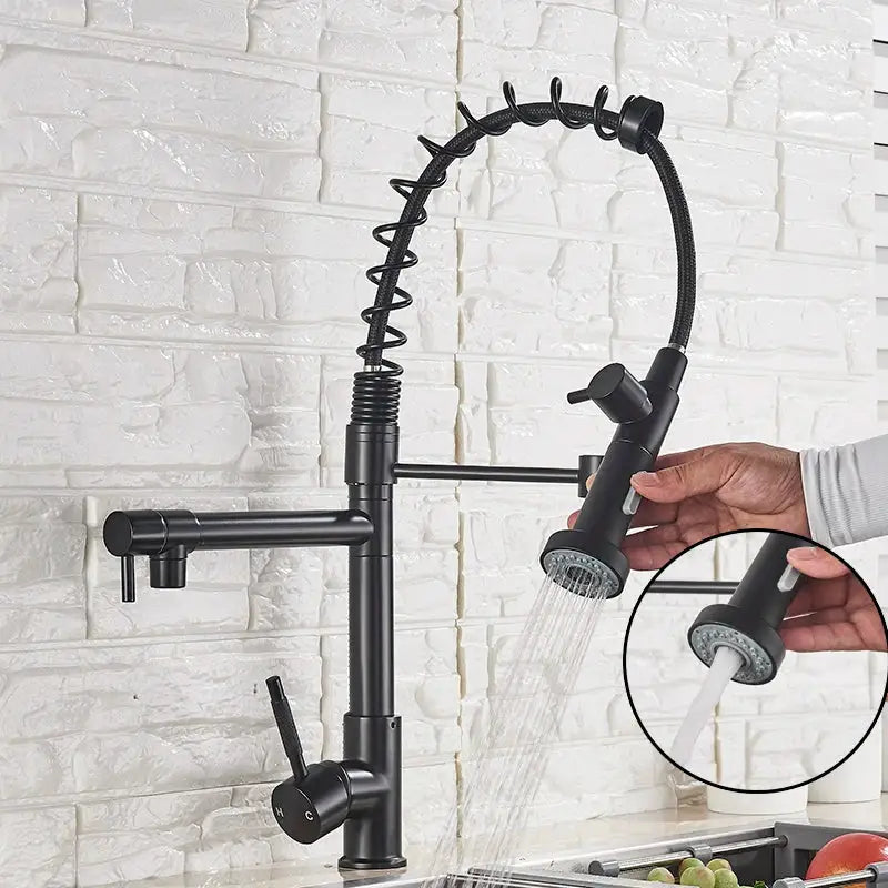 Modern matte black dual spout kitchen sink faucet with spring hose