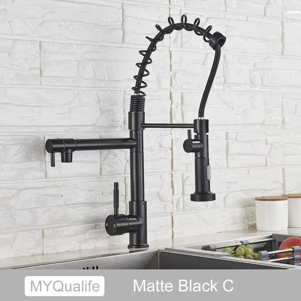 Modern matte black dual spout kitchen sink faucet with spring hose