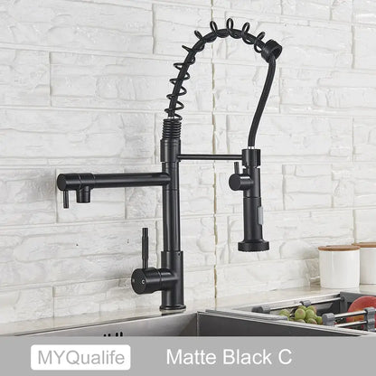 Modern matte black dual spout kitchen sink faucet with spring hose