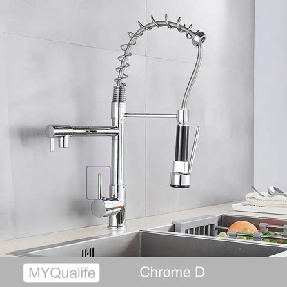 Modern matte black dual spout kitchen sink faucet with spring hose