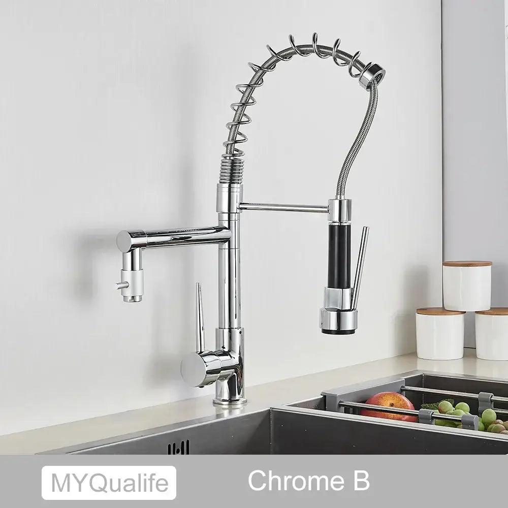 Modern matte black dual spout kitchen sink faucet with spring hose