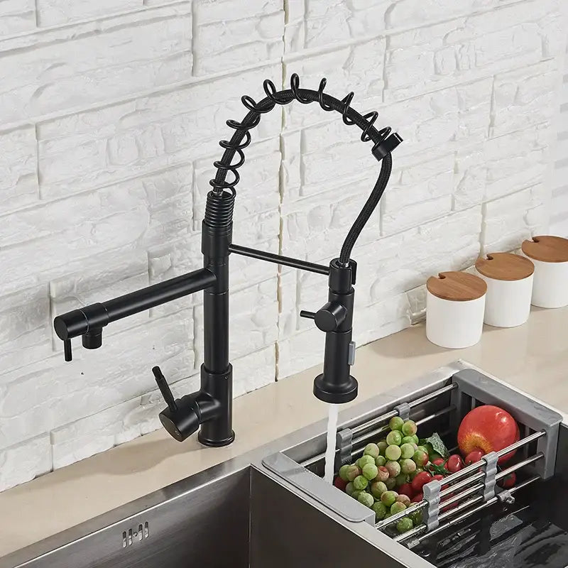 Modern matte black dual spout kitchen sink faucet with spring hose