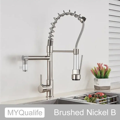 Modern matte black dual spout kitchen sink faucet with spring hose