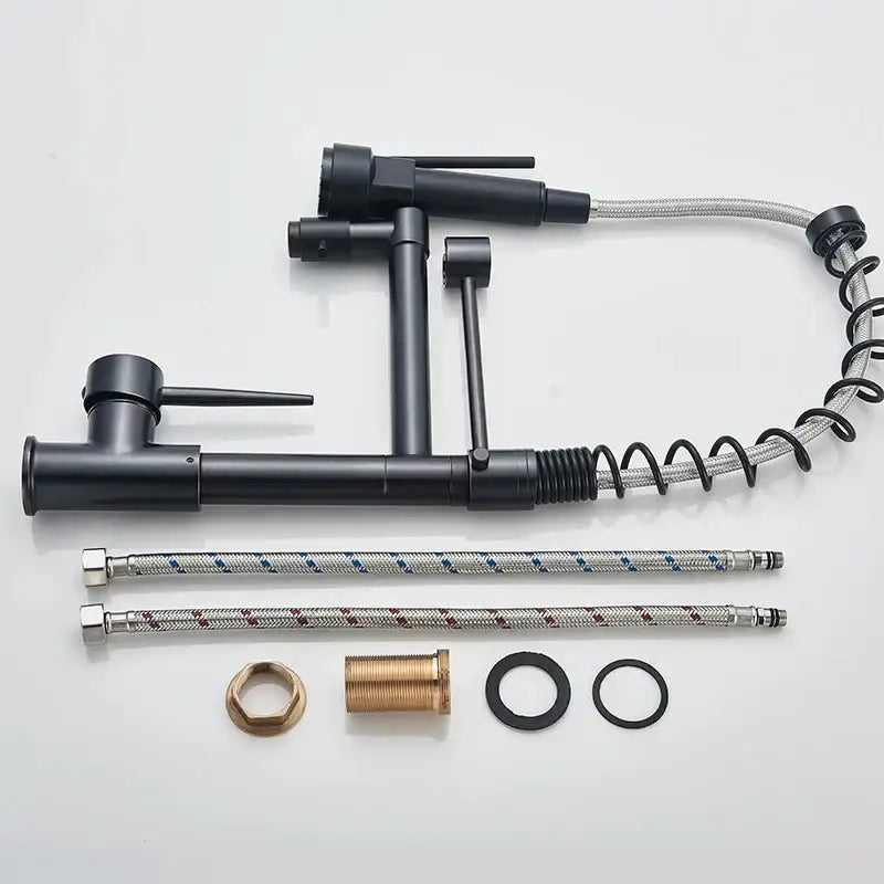 Modern matte black dual spout kitchen sink faucet with spring hose