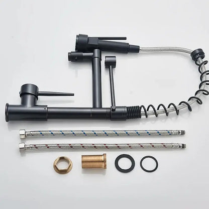 Modern matte black dual spout kitchen sink faucet with spring hose