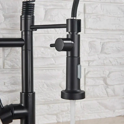 Modern matte black dual spout kitchen sink faucet with spring hose
