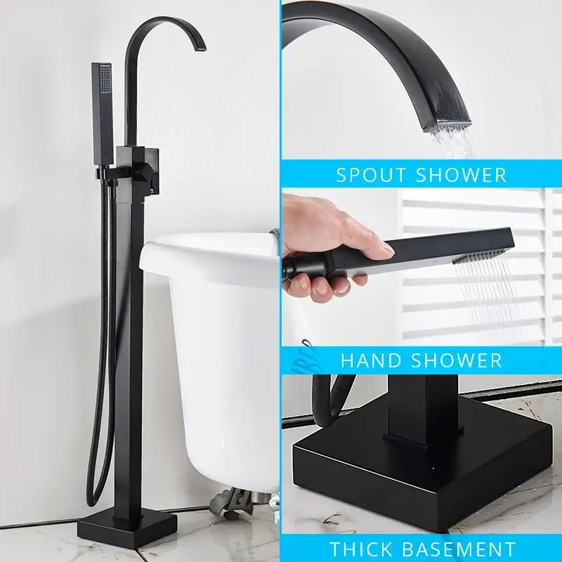 Modern matte black floor mounted bathtub faucet waterfall bathroom set