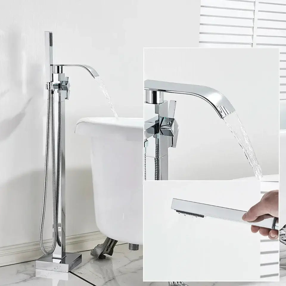Modern matte black floor mounted bathtub faucet waterfall bathroom set