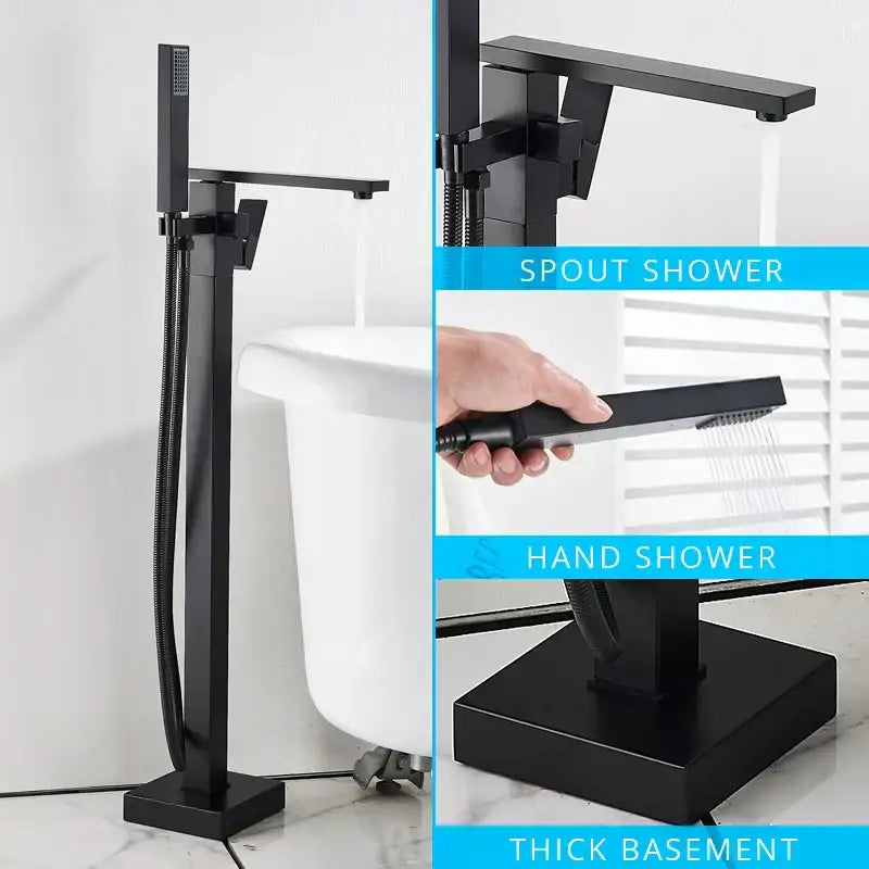 Modern matte black floor mounted bathtub faucet waterfall bathroom set