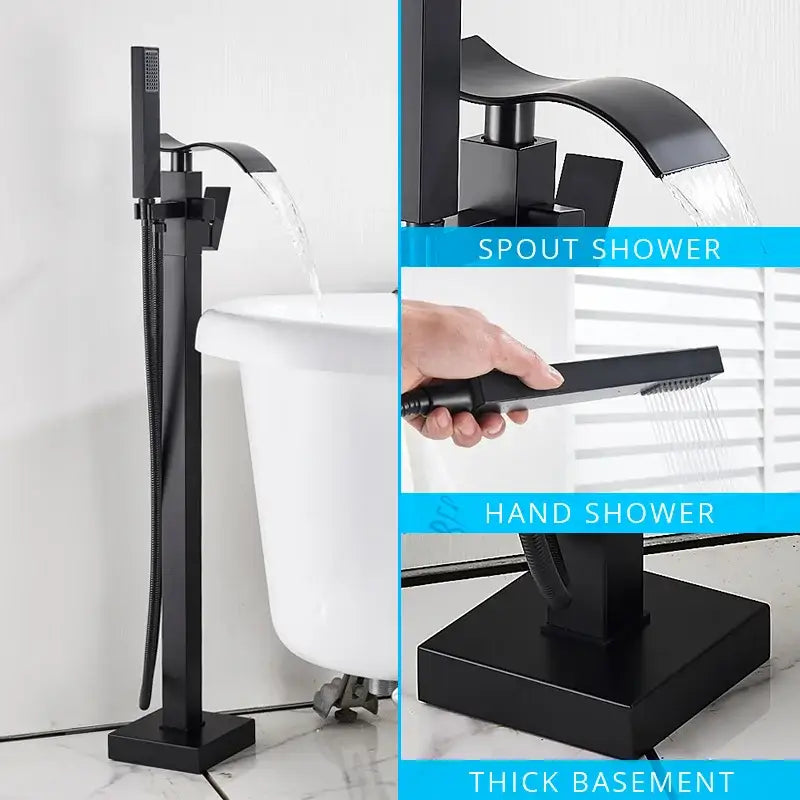 Modern matte black floor mounted bathtub faucet waterfall bathroom set
