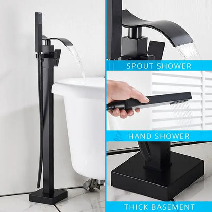 Modern matte black floor mounted bathtub faucet waterfall bathroom set
