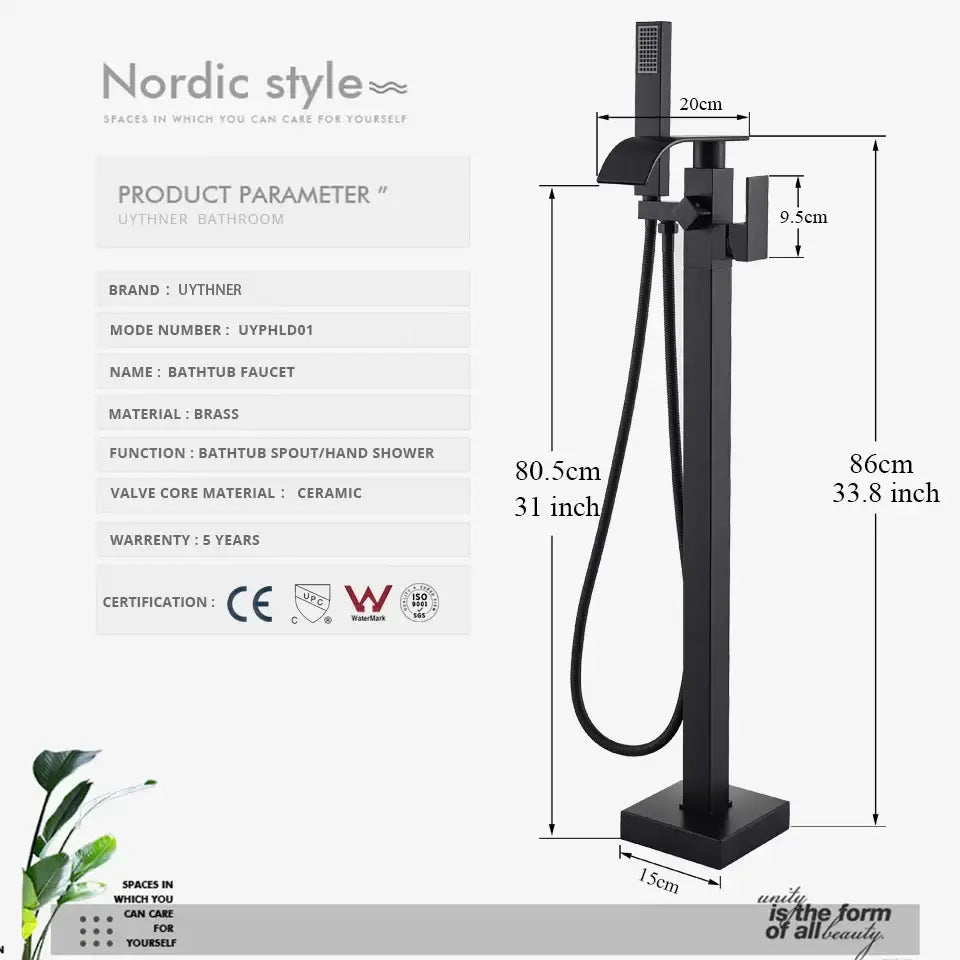 Modern matte black floor mounted bathtub faucet waterfall bathroom set