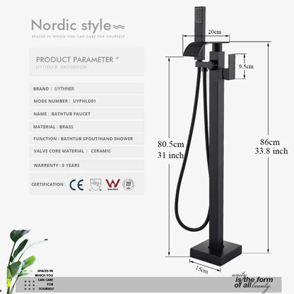 Modern matte black floor mounted bathtub faucet waterfall bathroom set