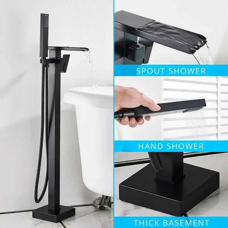 Modern matte black floor mounted bathtub faucet waterfall bathroom set