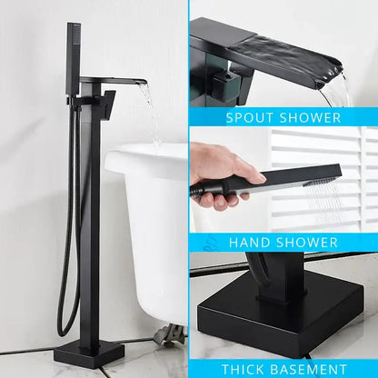 Modern matte black floor mounted bathtub faucet waterfall bathroom set