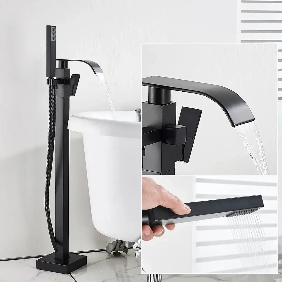 Modern matte black floor mounted bathtub faucet waterfall bathroom set