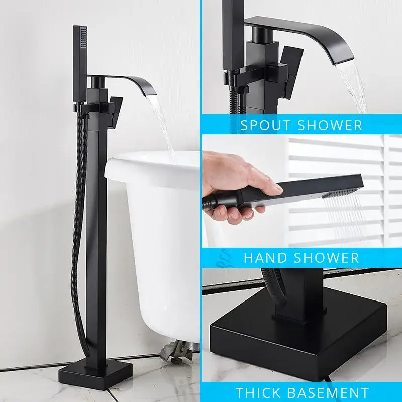 Modern matte black floor mounted bathtub faucet waterfall bathroom set