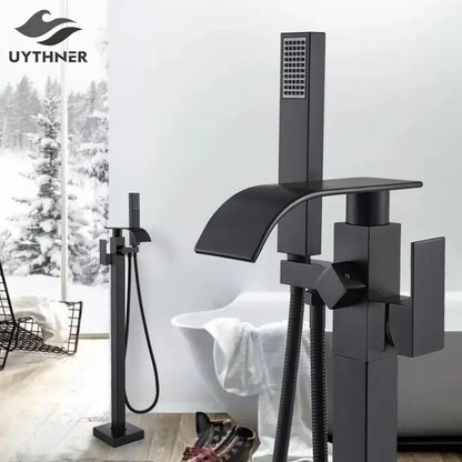 Modern matte black floor mounted bathtub faucet waterfall bathroom set