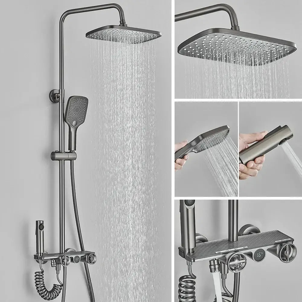 Modern matte black & grey digital shower faucet set bathroom rainfall